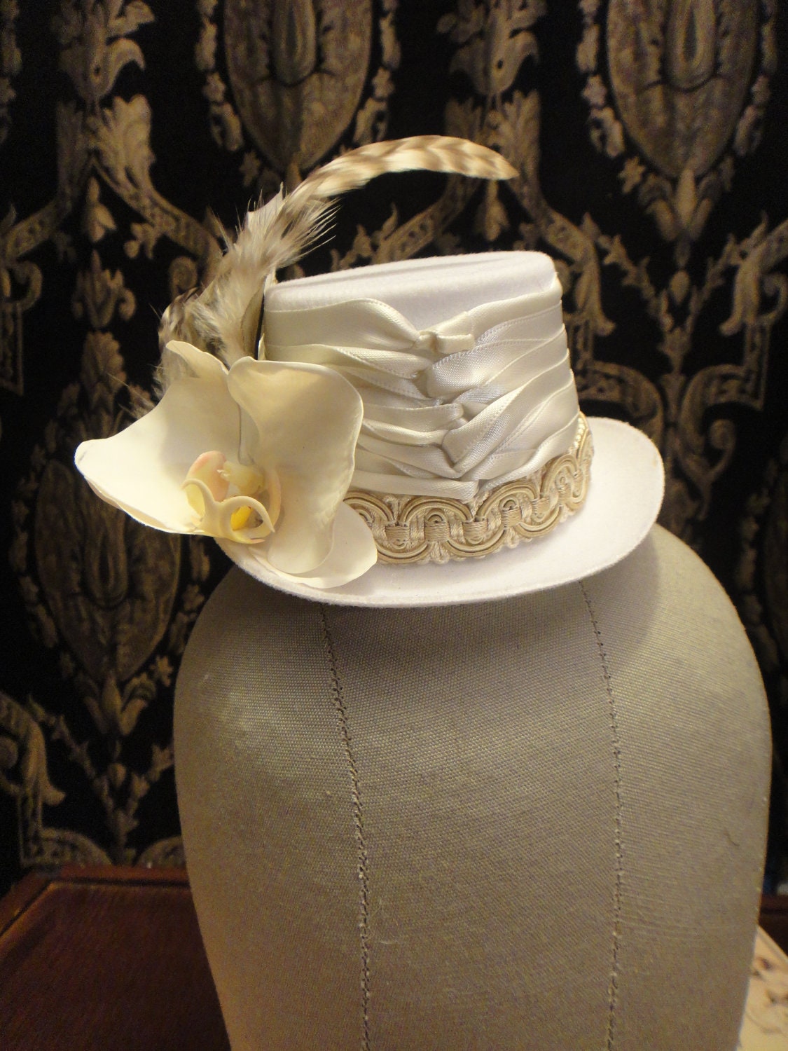 Ivory Steampunk -  Mini White Top Hat Bride Garden Wedding - Ribbon corset wrapped Orchid and Grizzly Feathers Fascinator