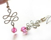 Wired in Pink - wire wrapped earrings, pink glass bead, copper wire, sterling silver earwire