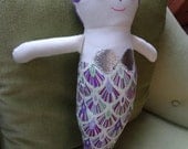 Handmade MERMAID Rag Doll - purple hair, silver shells, green eyes, purple green silver tail - Ready to Ship Same Day