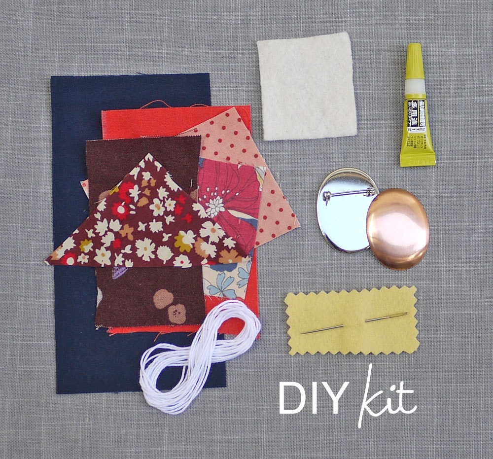 DIY Kit - - Sashiko Brooch with Japanese Fabric - - WARM colors