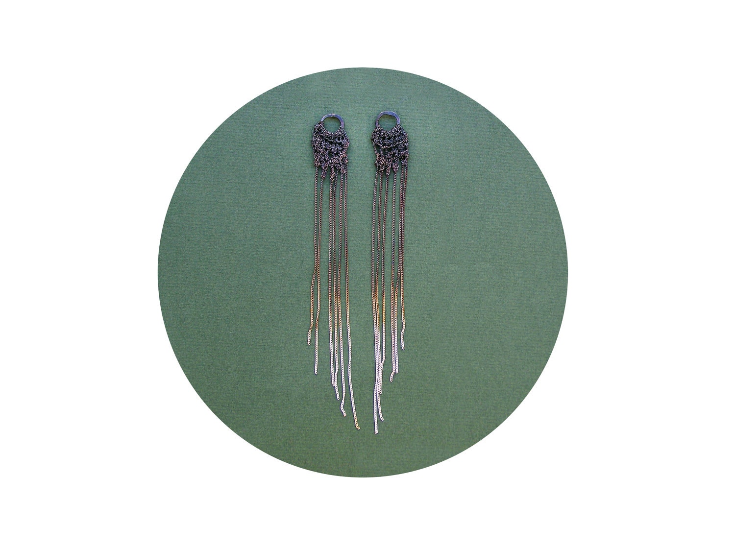 extra long fringe & hoops gradient brown crochet earrings, studs