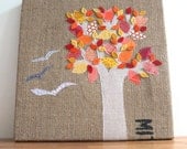 Upcycled Burlap Art -- Autumn Flight -- Fall, Leaves, Tree, Birds
