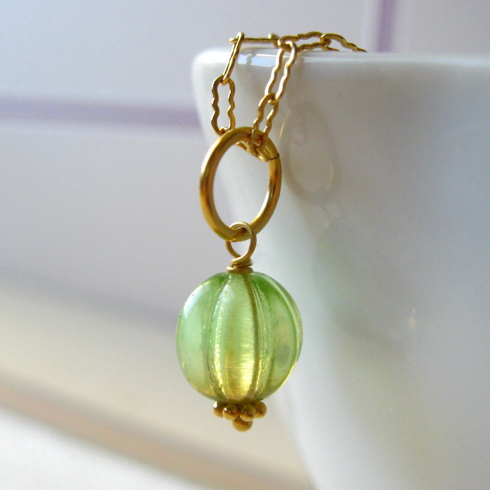 Mothers Day Sale Honeydew Green Melon Shape Czech Glass Bead 14k Gold Filled Charm