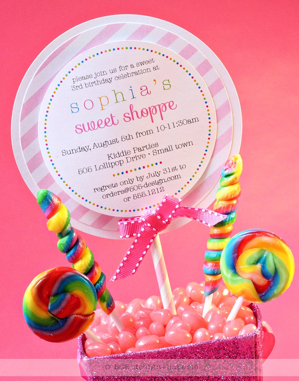 Printable Vintage Sweet Shop Lollipop Style Invitation by 505 Design