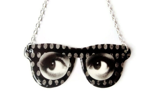 Surreal Eyeglass Necklace Eyes Silver Customize Personalize Black and White Polka Dot Statement Jewelry - TheSpangledMaker