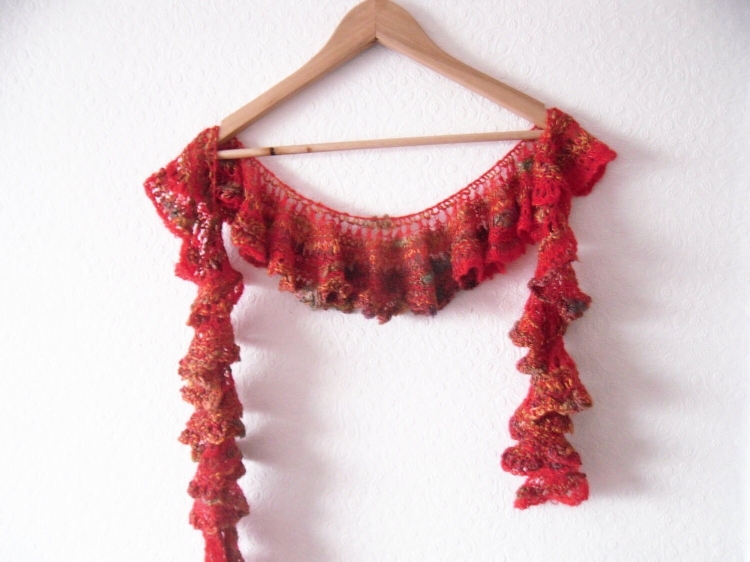 Mohair Ruffle scarf . Womens Lace scarf in Red mohair. hand knitted with a Spanish flair OOAK