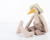 Stuffed Bird Doll , Natural canvas duck with yellow beak Wearing Pale green dotted hat and linen pants - timo handmad doll