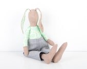 Toy , Fabric eco boy doll - Mocha Brown Rabbit in mint Retro Geometric shirt Wearing Light blue jeans pants - handmade cloth  doll