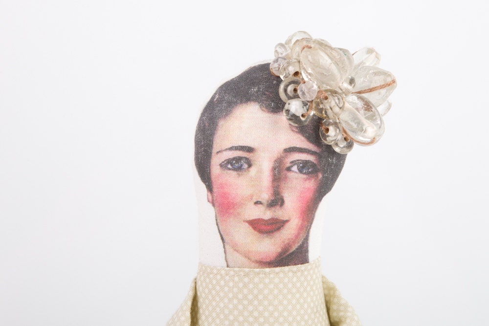 valentines day  - Romantic  Lady Doll with Transparent Beads Wearing Cream Beige White dotted dress  - handmade fabric doll