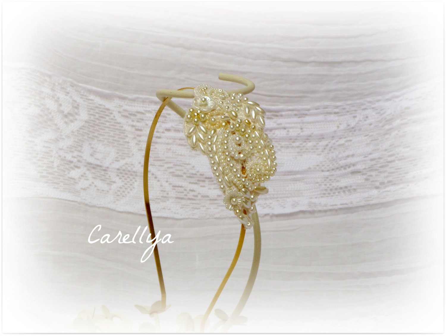 Bridal Lace Headband, Vintage Style Wedding, Beaded Lace Headpiece Hand Embroidered - DAFNA