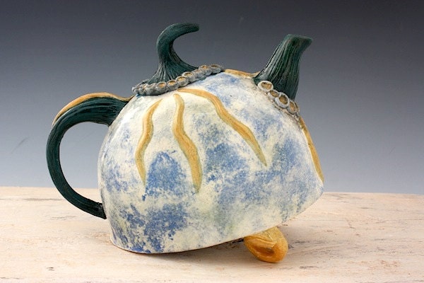 Stoneware Teapot Carved with Organic Motif in Blue and Yellow