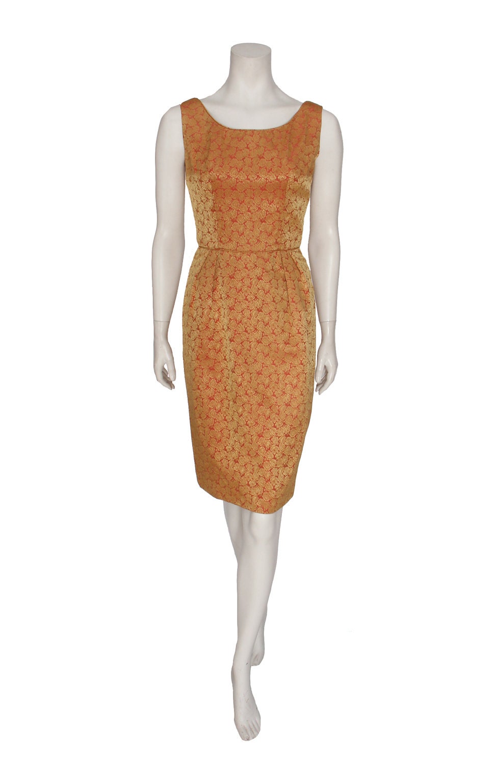 1960s Silk Brocade Orange Rose Dress