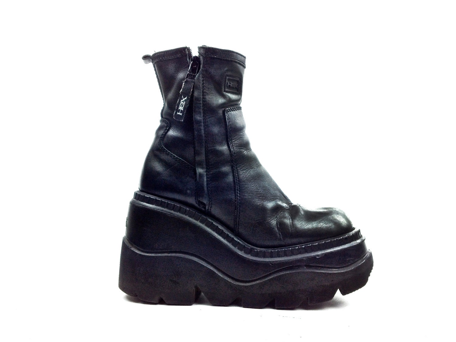 HEX // 90's Mega Platform Double Zipper Chunky Wedge Leather Ankle Boots // 8 - 9