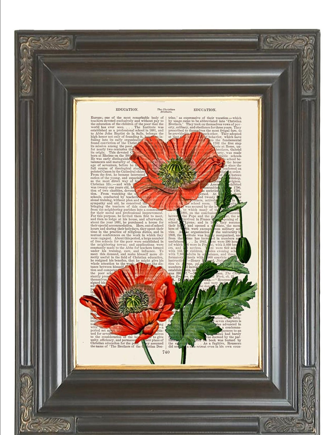 BOGO Sale Vintage poppies print Dictionary book art Orange flowers printed on old antique recycled dictionary book page. Item No.378