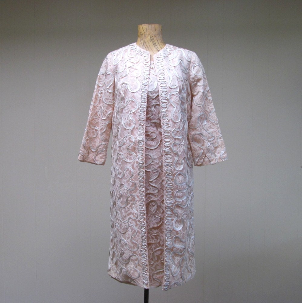 Vintage 1960s Cocktail Suit / 60s Pink Lace Ribbon Ensemble / Wiggle Dress and Matching Coat