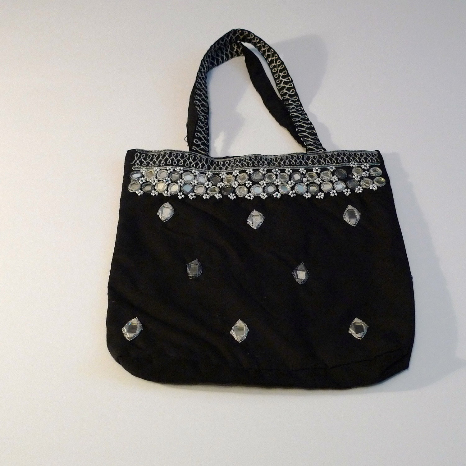Embellished Mini Tote Black Mirrored handbag Indian Fabric Bag Purse Embroidered cotton vintage retro FREE SHIP