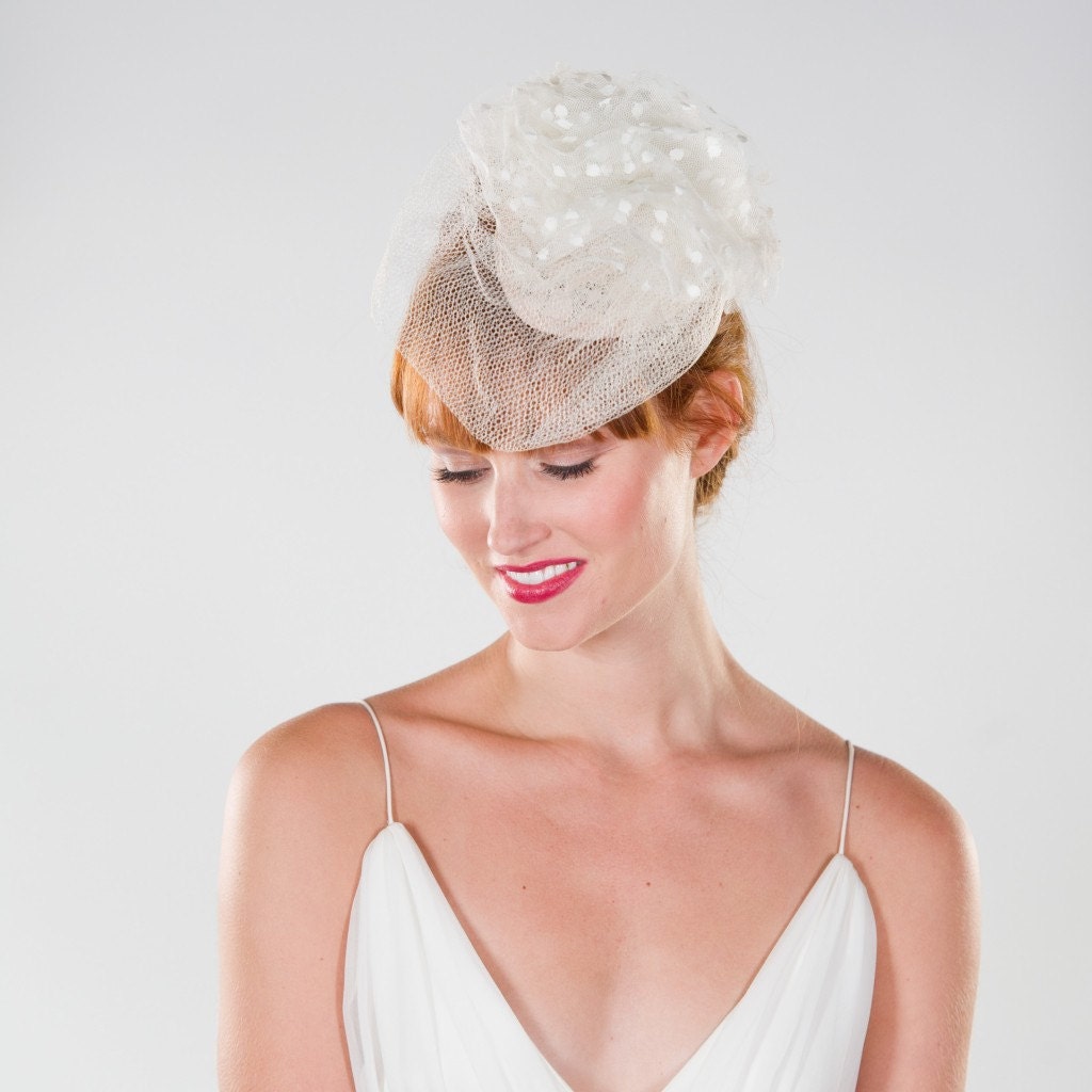 Blush Lace Covered Teardrop Fascinator with Large Ivory Swiss Dot Flower and Double Layer Ivory Birdcage Veil