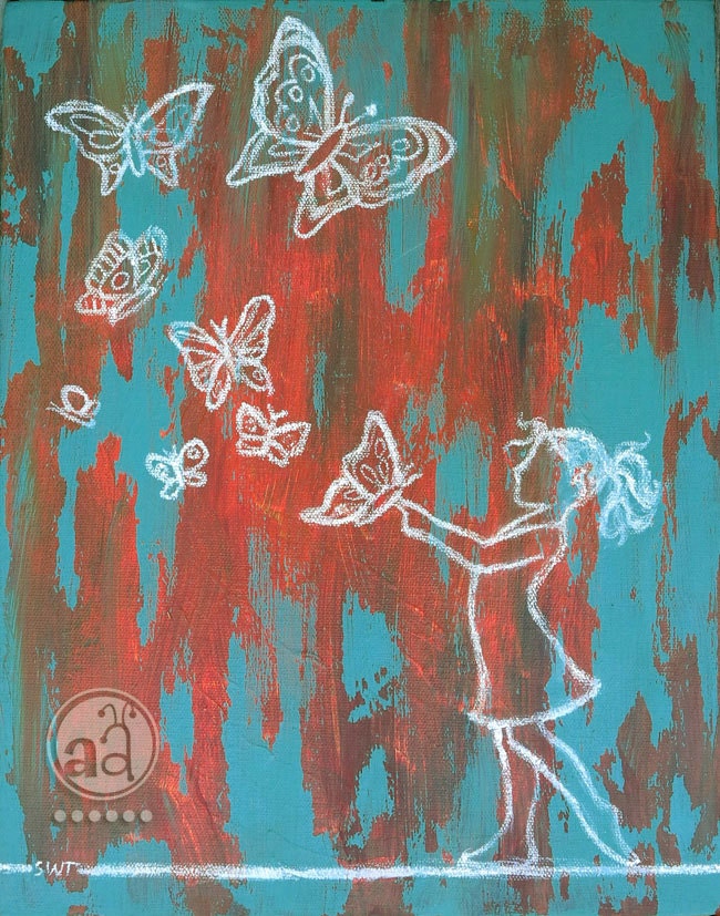 Girl with Butterflies - Dreamy Whimsical to Grungy Distressed - Mixed Media Original Art - 11x14 painting on canvas