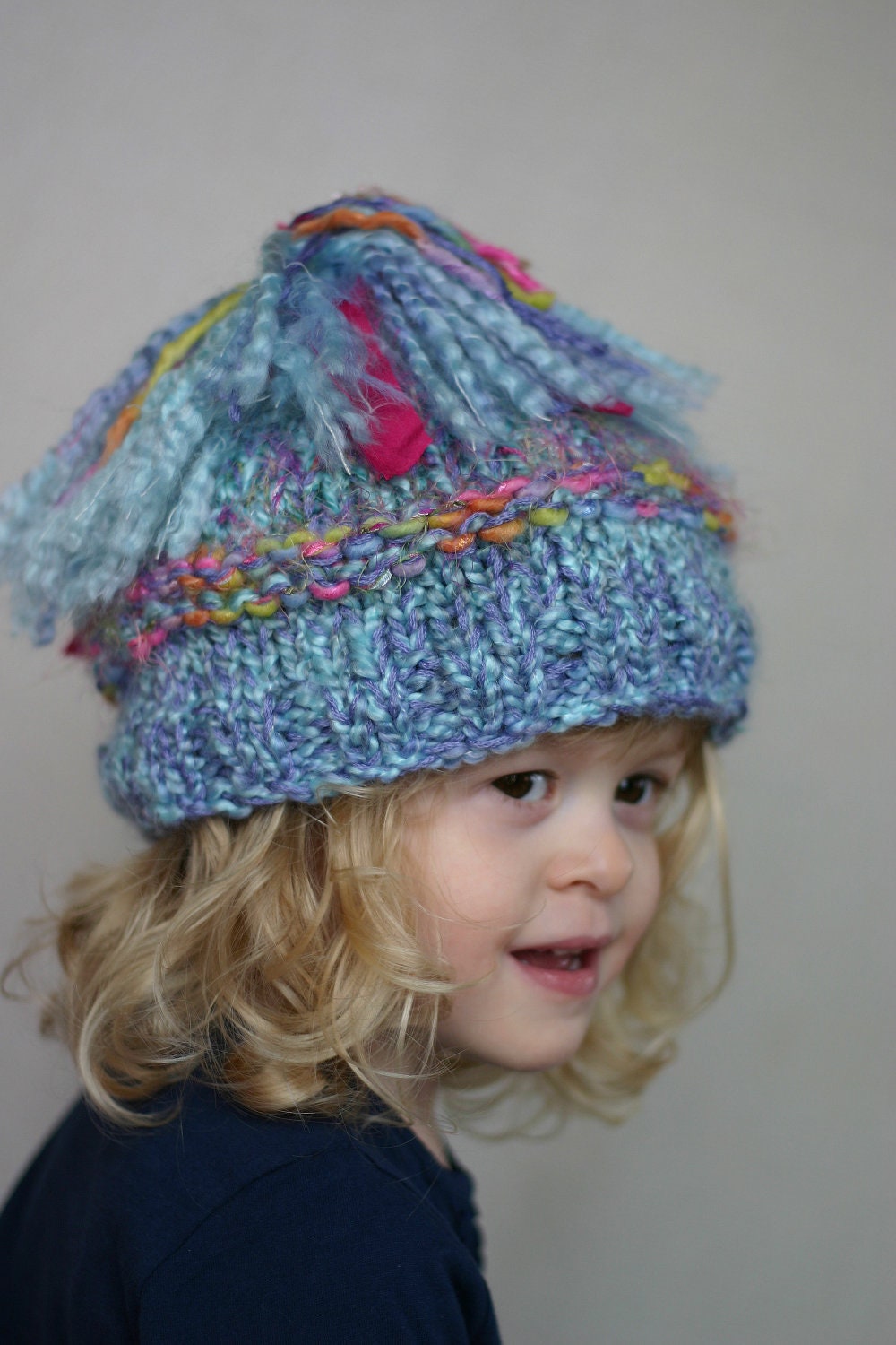 Child's hand knit hat baby blue beanie with pom pom FREE U.S. shipping