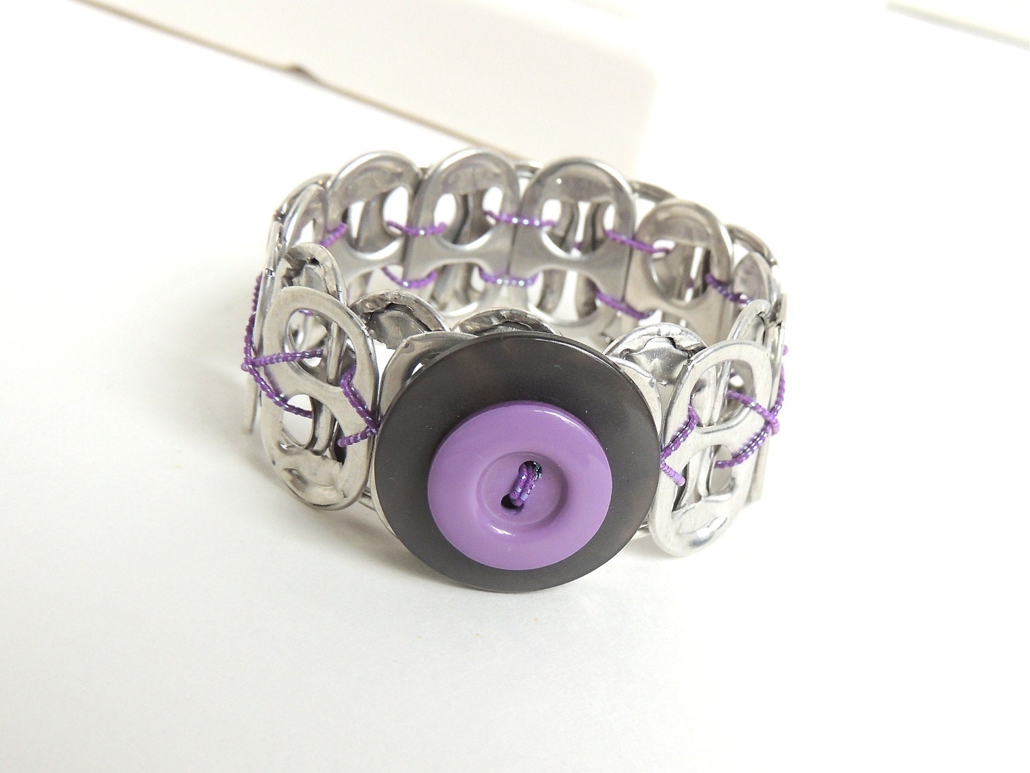 Pop Tab and Button Bracelet - Grey and Purple - for girls, teens, and women - eco-friendly/upycled jewelry - under 10.00
