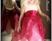 Flower girl dress, ivory with organza sheer raspberry wine red colored overlay, satin sash, with rush fee