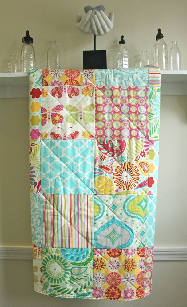 Baby Quilt - Kumari Garden Baby Blanket - Pink, Blue, Ivory, Green, Red and Yellow
