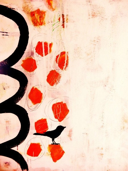 Abstract, 5 x 7 print in an 8 x 10 white mat, bright, orange, black, bird, painting, print, colorful, bold, art, modern, mod, retro
