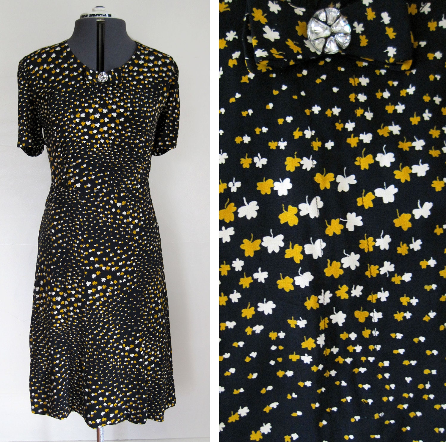1940s Dress NOVELTY PRINT Rayon Clover Print Dress with BOW Size L