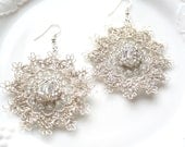 Silver Crochet Tatted Beaded Dangle Earrings
