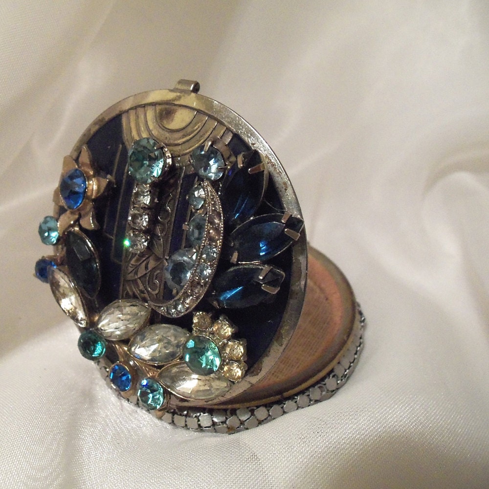 Art Nouveau Gemstone Compact, Vintage Mesh powder case, One of a Kind Wedding accessory, Something Blue, Something Old made New.