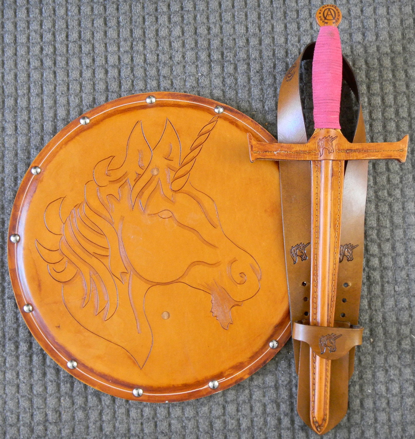 Handmade Leather Sword, Shield, & Holster Set w/Unicorn Emblem