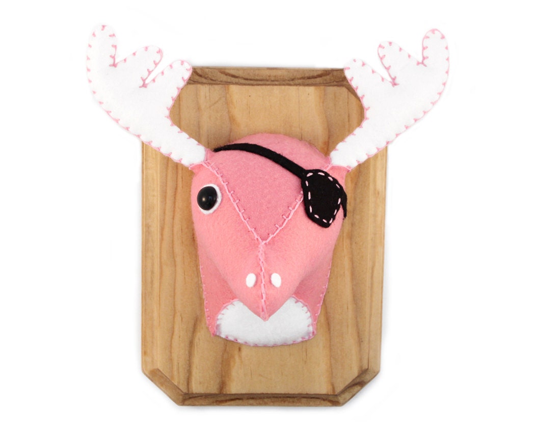 Small Faux Taxidermy, Plush Deer Pirate Trophy - Penelope The Pink Deer-Moose Pirate - Spring Sale