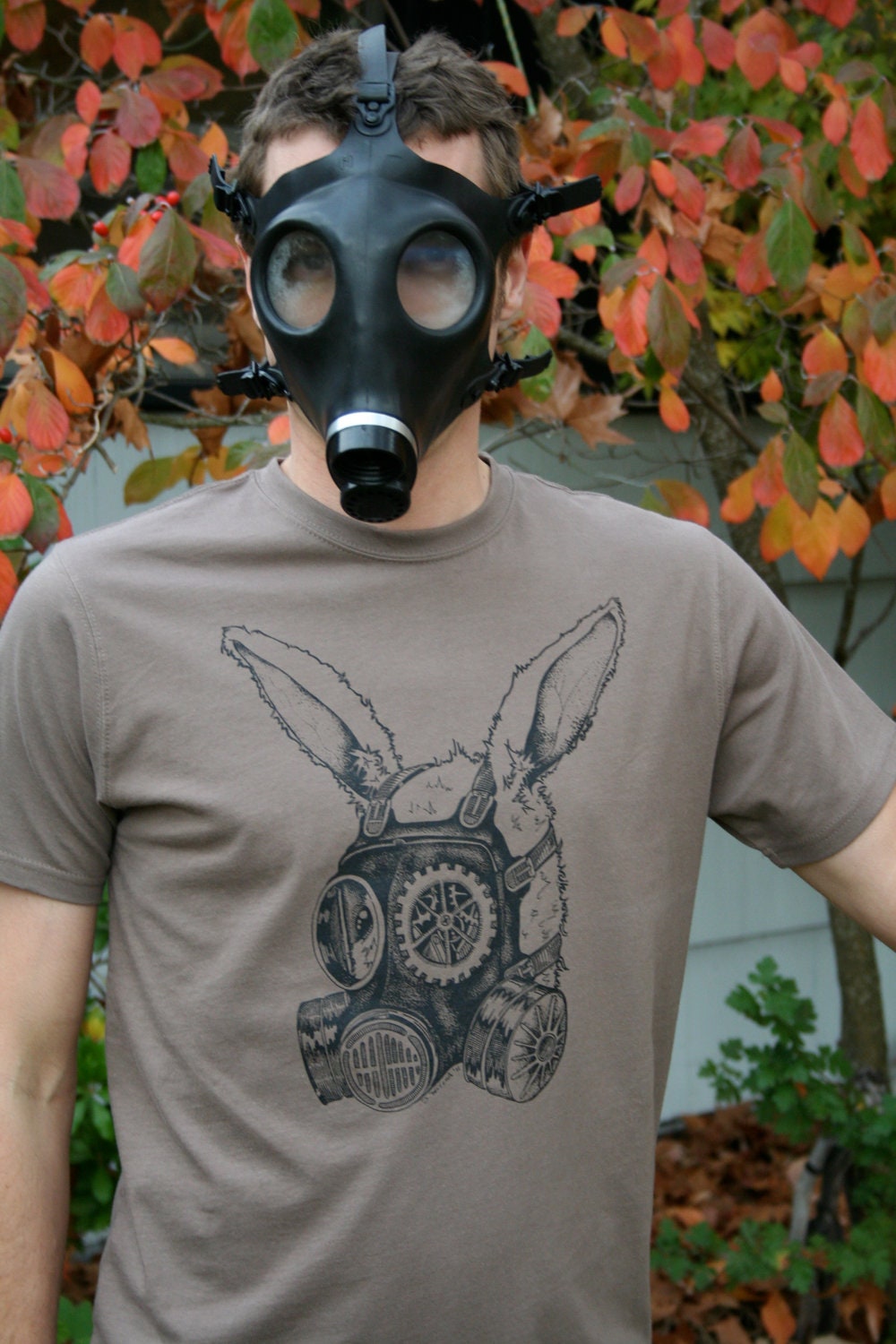 Organic Cotton Gas Mask Rabbit Men's EXTRA LARGE XL Meteorite Tan Screen Printed T Shirt Ready to Ship