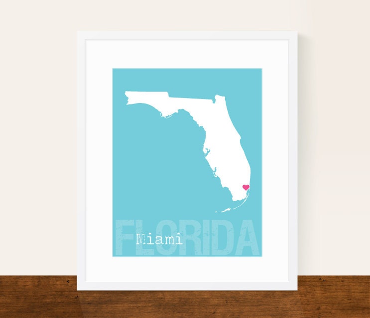Custom Florida, Personalized State Print, State Love, State Map, Country, Heart, Silhouette, 8 x 10 Wall Art Print