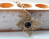 Vintage Pendant Necklace, Large Flower Pendant Necklace, Black Jewel centre,Filigree necklace