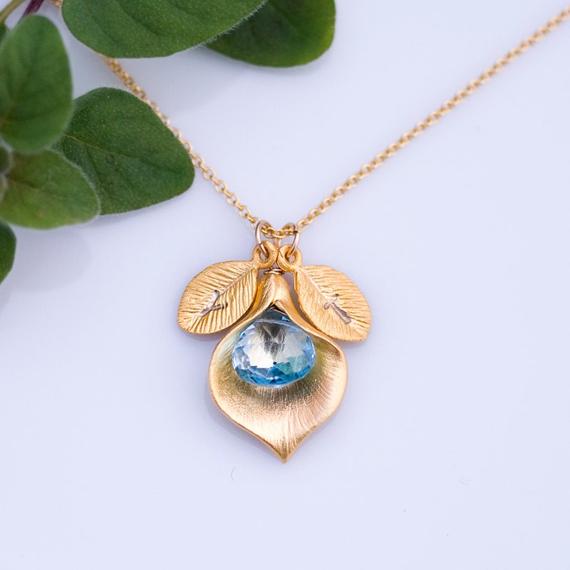 December Blue Topaz Personalized Birthstone Necklace - Custom Initial Jewelry  - Personalized necklace - Calla Lilly Necklace