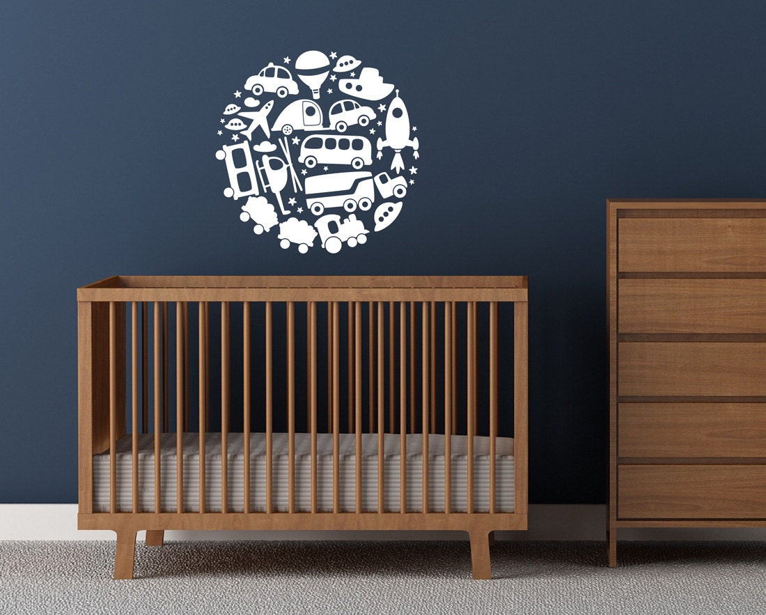 Baby Boy Nursery Decals Helicopter Train Cars transports collage