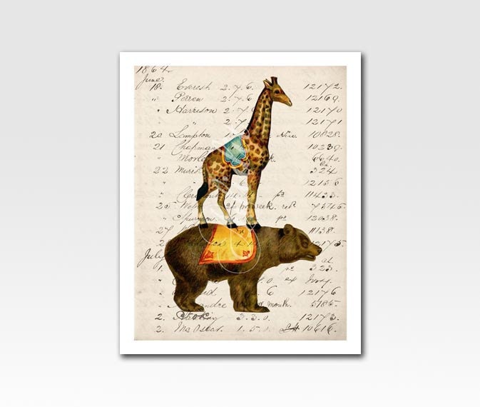 Art Print Circus Bear and Giraffe on Vintage Ephemera Home Décor Original Design by Adidit Print no. 059