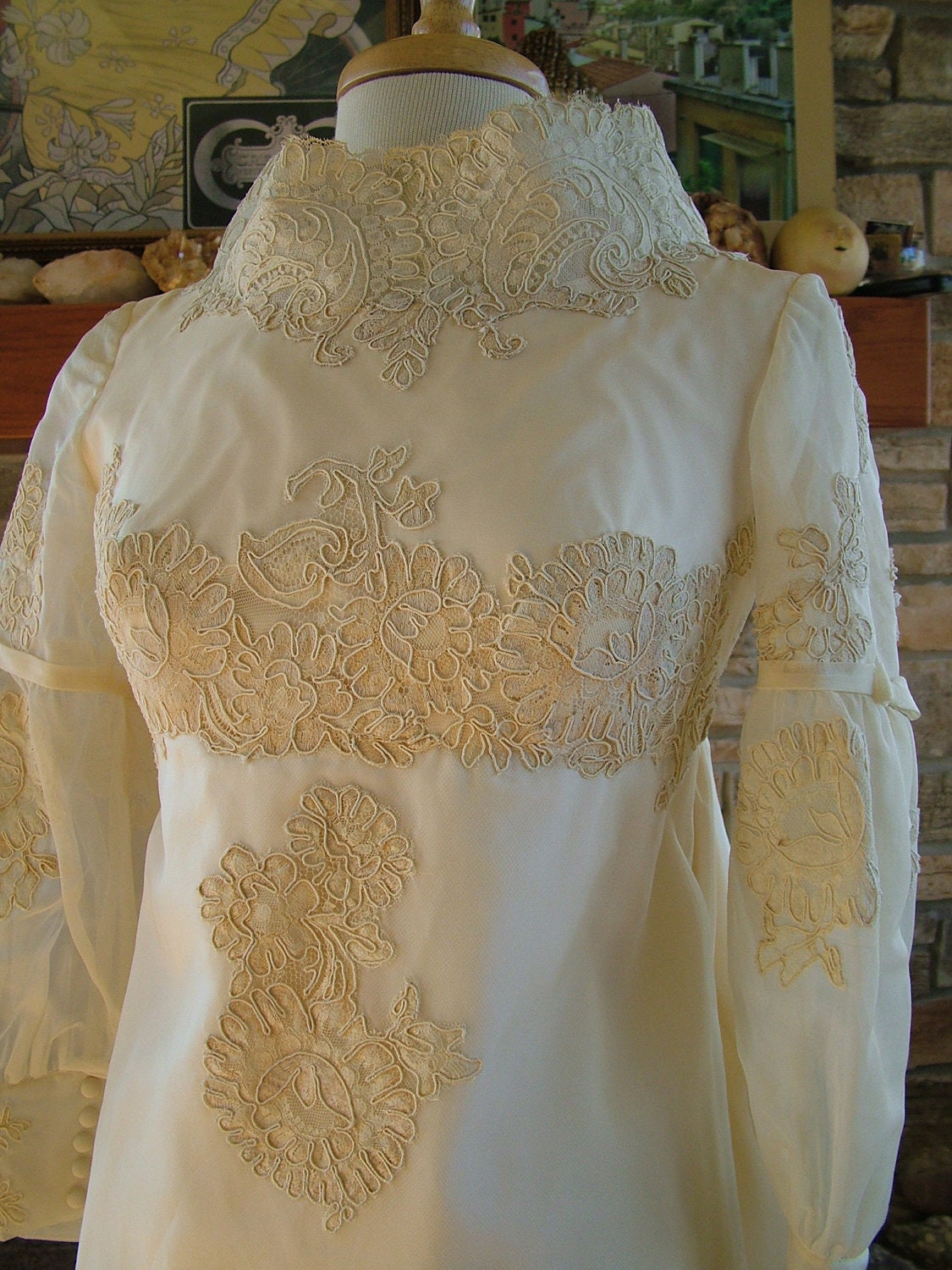 Wedding dress 1960s vintage sheath alencon lace wateau train bridal gown