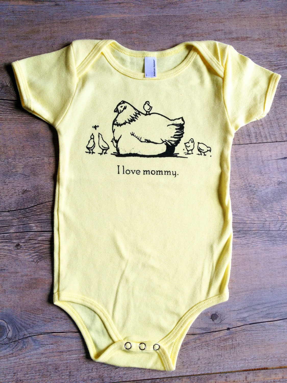 SALE - I Love Mommy Hen with Chicks Cute Baby Onesie Bodysuit - Lemon Yellow - Gender Neutral Gift - Easter