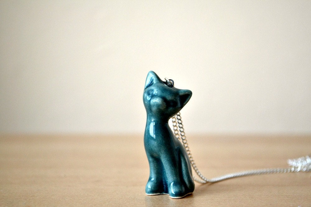 Emerald green - ceramic handmade kitten, cat necklace, dark green, silver plated chain