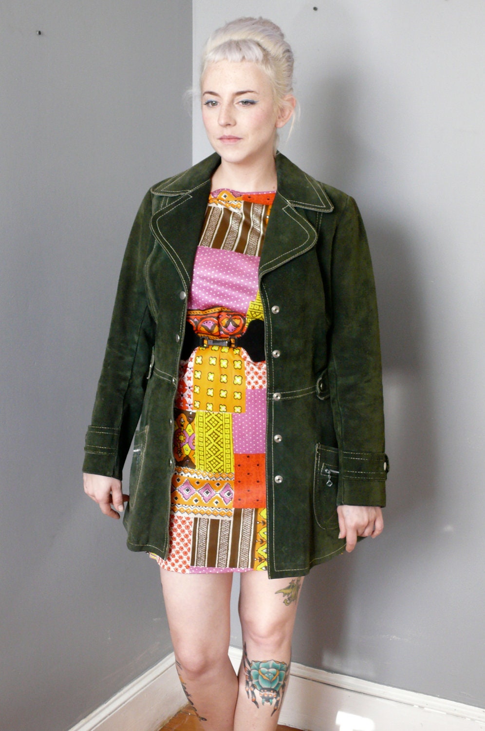 Vintage 1960s Green Leather Jacket, Forest Green Suede Coat, 60s Mod Coat