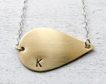 Personalized Jewelry - Sideways Initial Necklace - Custom Personalized Necklace - Brass Sideways Teardrop Pendant