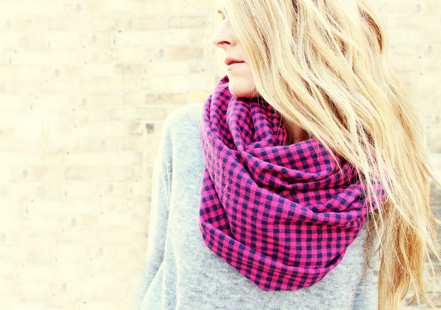 Circle Scarf - Hot Pink and Blue Checker. Infinity scarf, loop scarf, eternity scarf, hipster, tube scarf