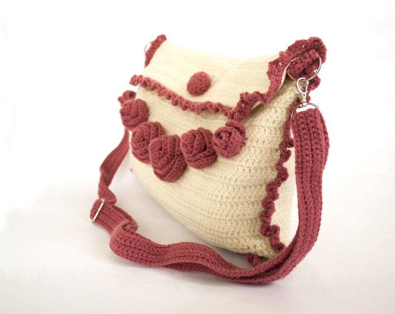 Ivory White and Pink Cross Body Crochet Bag, Shabby Chic Roses Bag