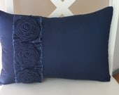 Navy Blue Pillow with Frayed Ruffle and Three Roses
