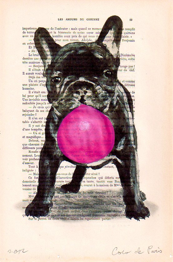 Drawing Illustration Giclee Prints Posters Mixed Media Art Acrylic Painting Holiday Decor Gifts: French bulldog with bubblegum
