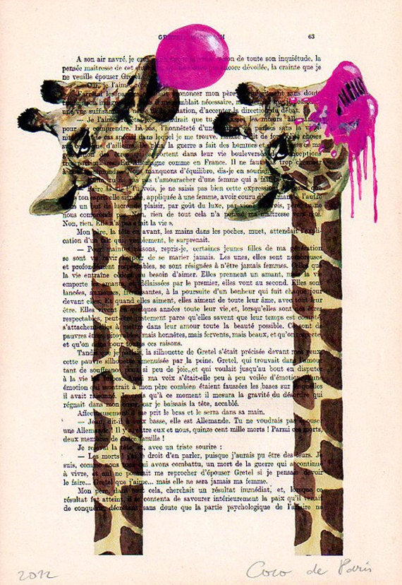 Drawing Illustration Giclee Prints Posters Mixed Media Art Acrylic Painting Holiday Decor Gifts:  Giraffe with bubblegum