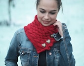 Hand Knit Scarf, Neck Warmer, Cowl, Knit Wool Shawl/ Women Fashion, Knitted Accessories by Solandia. Heartshaped. Valentine's gift