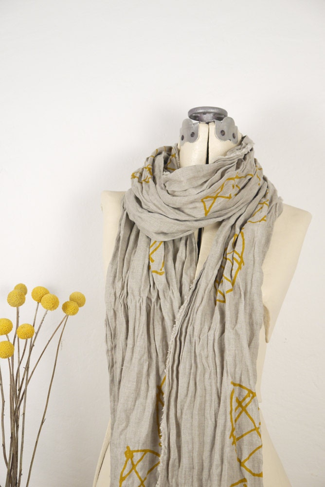 Leaf, natural linen scarf, swedish mustard - SometimesJane